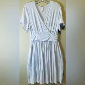 Weaczzy White V-Neck Pocket Dress Rayon Spandex Knit Swing Dress L summer vaca